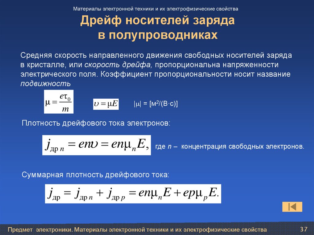 Скорость движения электронов. Концентрация свободных носителей заряда в полупроводниках. Концентрация носителей заряда в собственном полупроводнике. Дрейф носителей заряда в полупроводниках. Плотность носителей заряда в полупроводнике.