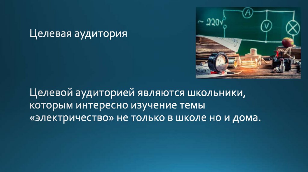 Целевой аудиторией являются школьники, которым интересно изучение темы «электричество» не только в школе но и дома.