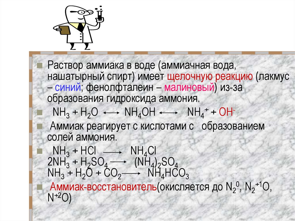 Реакция среды аммиака. Раствор аммиака формула химическая. Nh3 Водный раствор аммиака формула. Реакции с водным раствором аммиака. Водный раствор аммиака формула.