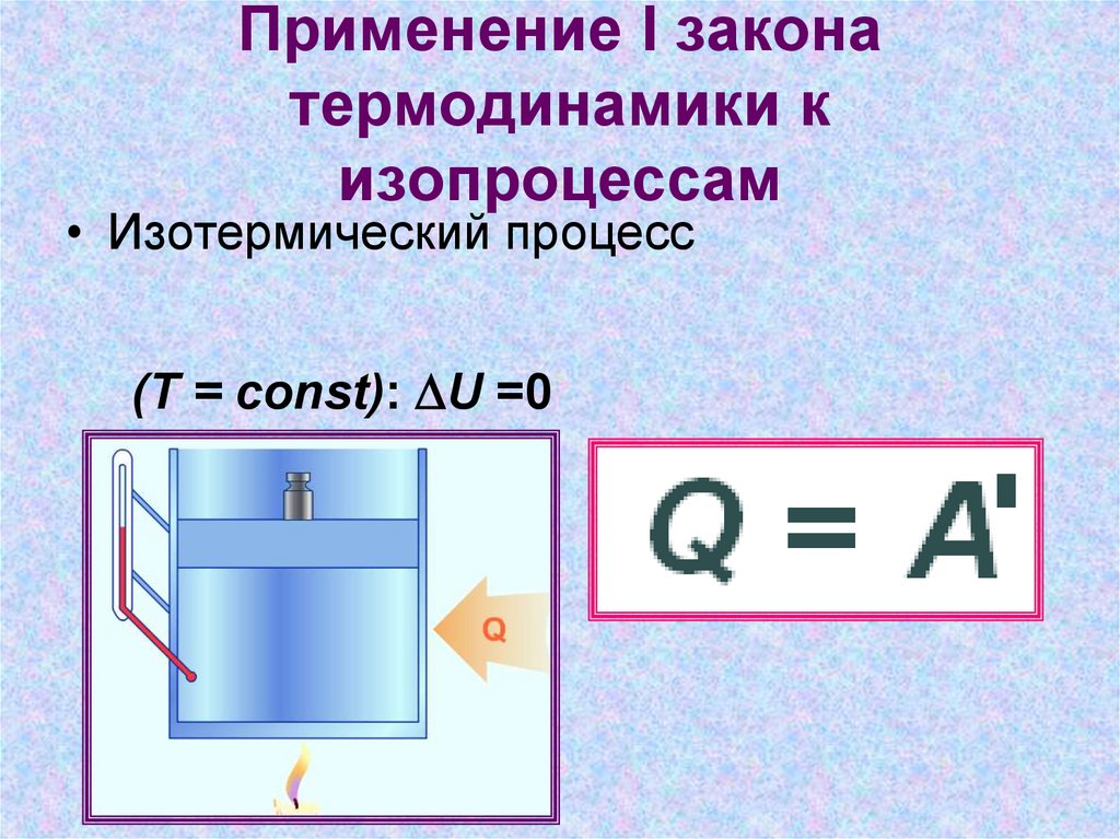 Применение закона к изопроцессам. Применение законов термодинамики. Применение первого закона термодинамики. Применить первый закон термодинамики к изотермическому процессу. Применение первого закона термодинамики к изопроцессам.