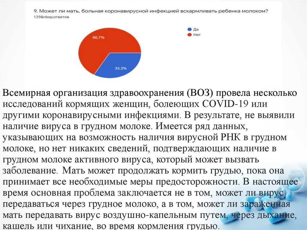 Всемирная организация здравоохранения (ВОЗ) провела несколько исследований кормящих женщин, болеющих COVID-19 или другими