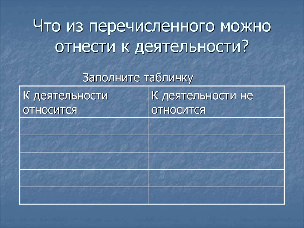 Невозможно перечислить. Что относится к деятельности. Заполнить табличку. Что из перечисленного не относится к деятельности. Что из перечисленного является деятельностью.