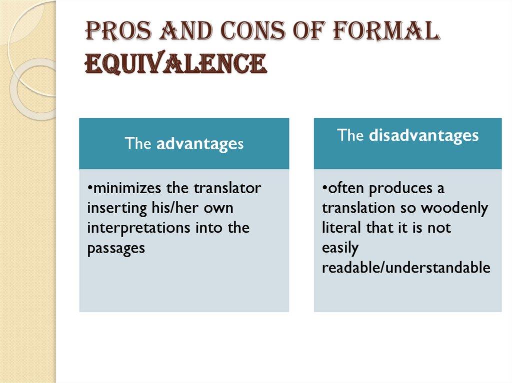 PROS AND CONS of Formal equivalence