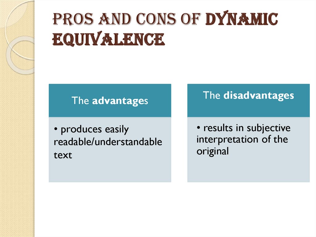 PROS AND CONS of dynamic equivalence