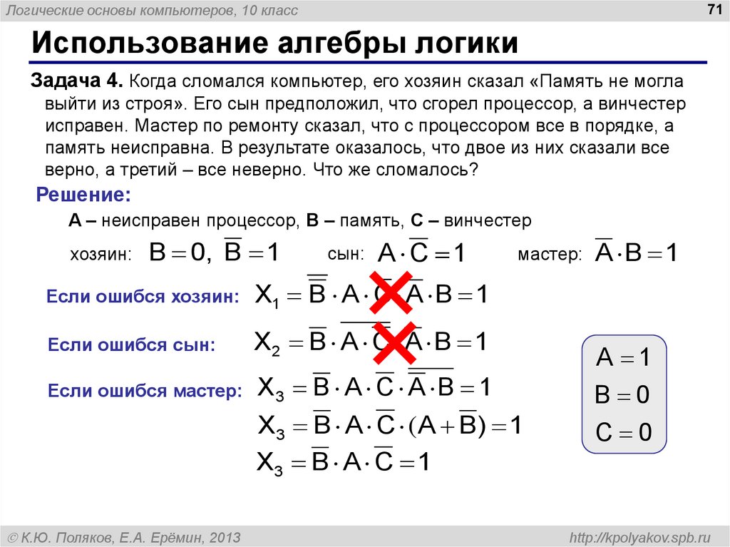 Алгебра логики и логические основы компьютера проект