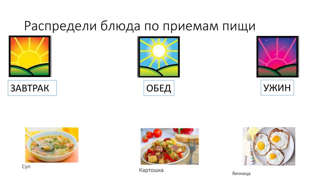 Распредели блюда по приемам пищи