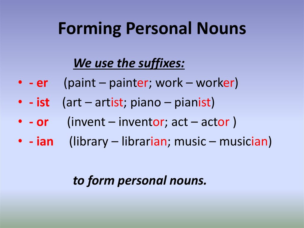 Ist на русском языке. Forming personal Nouns правило. Forming Nouns правило. Суффиксы er or ist. Noun суффиксы.