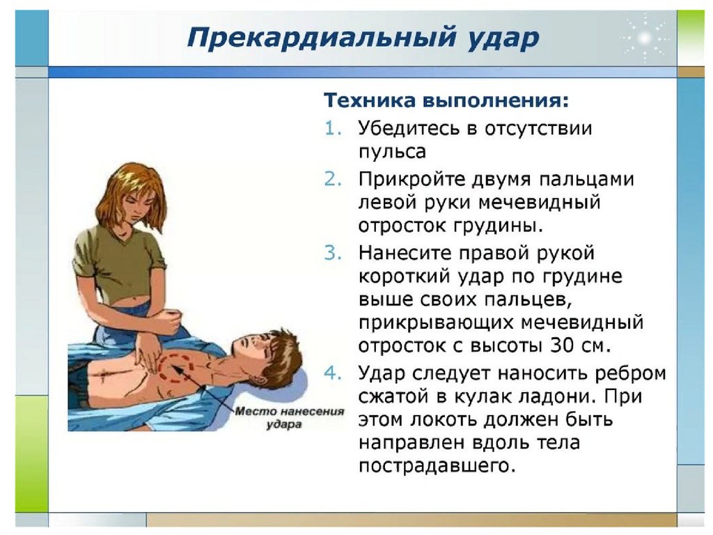 Выполняется в случае. Алгоритм проведения прекардиального удара. Мечевидный отросток СЛР. Тредкардинальный удар. Предкардионпльнвй удар.