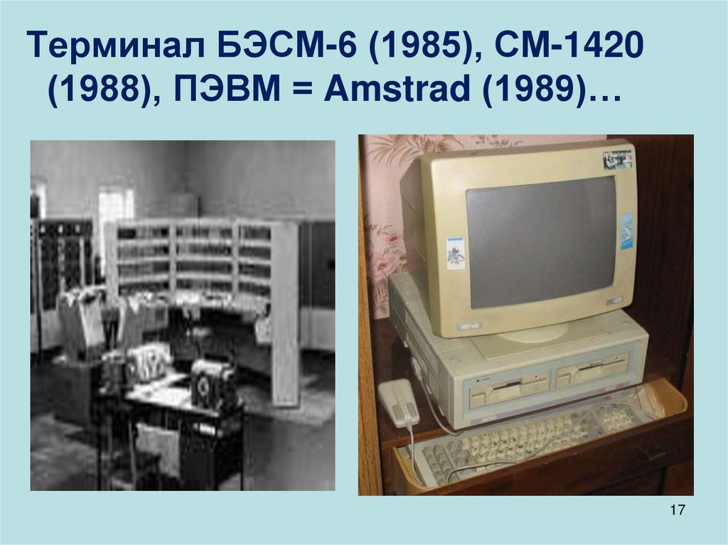Терминал БЭСМ-6 (1985), СМ-1420 (1988), ПЭВМ = Amstrad (1989)…