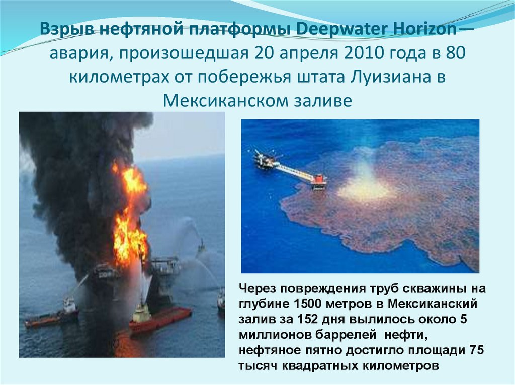 Взрыв нефтяной платформы Deepwater Horizon— авария, произошедшая 20 апреля 2010 года в 80 километрах от побережья штата