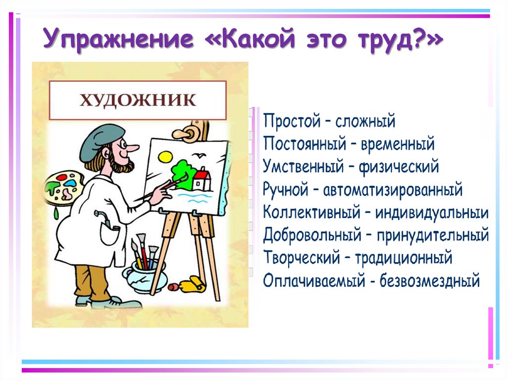 Класс профессии художник. Простой и сложный труд. Труд художника умственный или физический. Художник это постоянный или временный труд. Постоянный труд примеры.