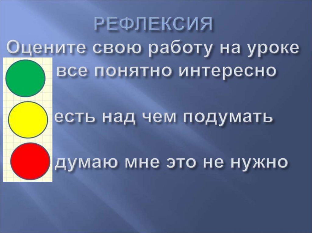 РЕФЛЕКСИЯ Оцените свою работу на уроке все понятно интересно есть над чем подумать думаю мне это не нужно