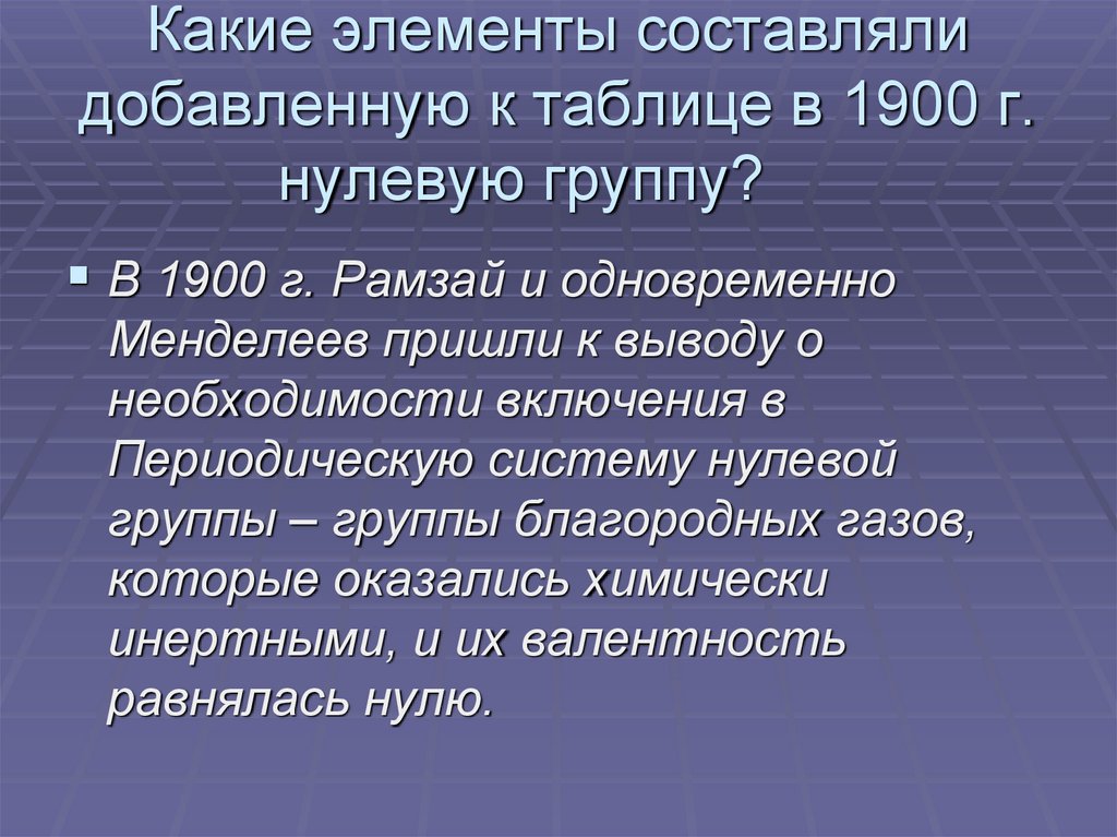 Какие элементы составляли добавленную к таблице в 1900 г. нулевую группу?