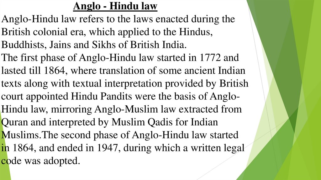 Anglo - Hindu law Anglo-Hindu law refers to the laws enacted during the British colonial era, which applied to the Hindus,