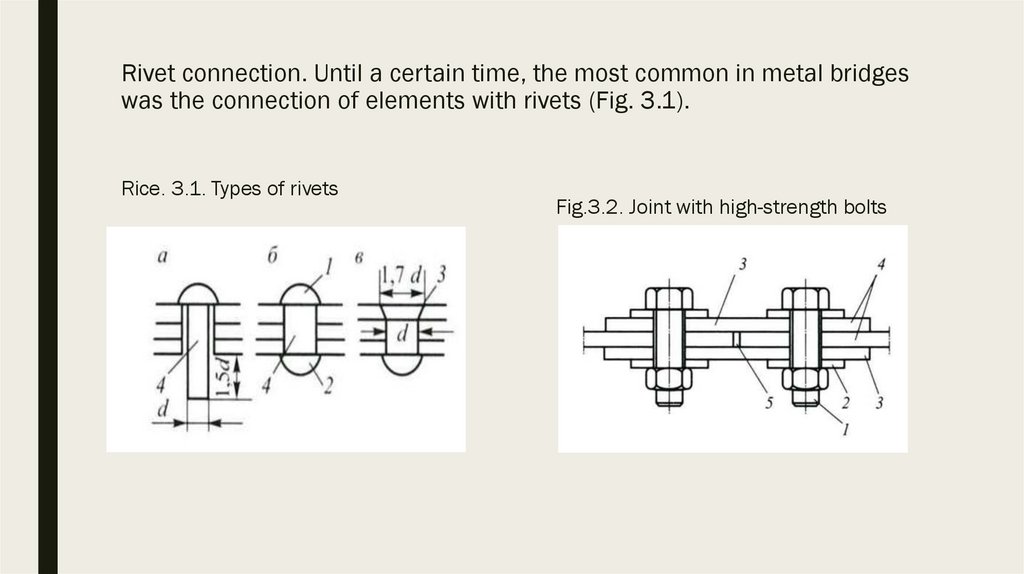Rivet connection. Until a certain time, the most common in metal bridges was the connection of elements with rivets (Fig. 3.1).