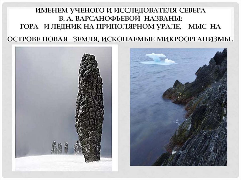 Именем ученого и исследователя севера В. А. Варсанофьевой названы: Гора и ледник на Приполярном Урале, мыс на острове Новая