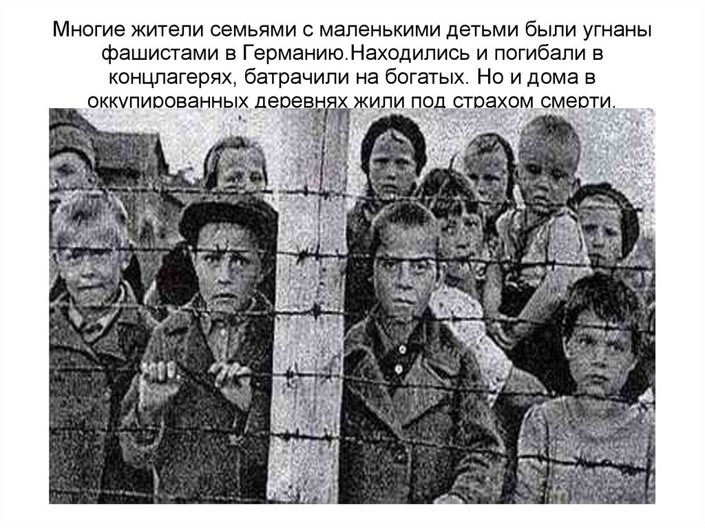 Многие жители семьями с маленькими детьми были угнаны фашистами в Германию.Находились и погибали в концлагерях, батрачили на
