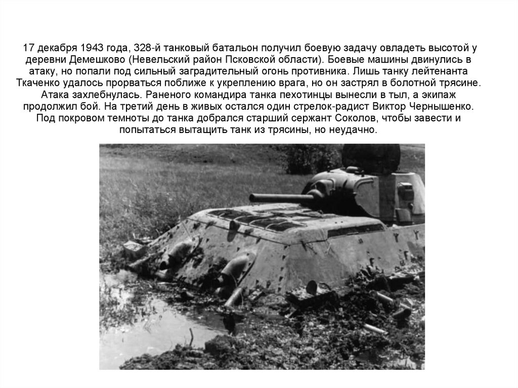 17 декабря 1943 года, 328-й танковый батальон получил боевую задачу овладеть высотой у деревни Демешково (Невельский район