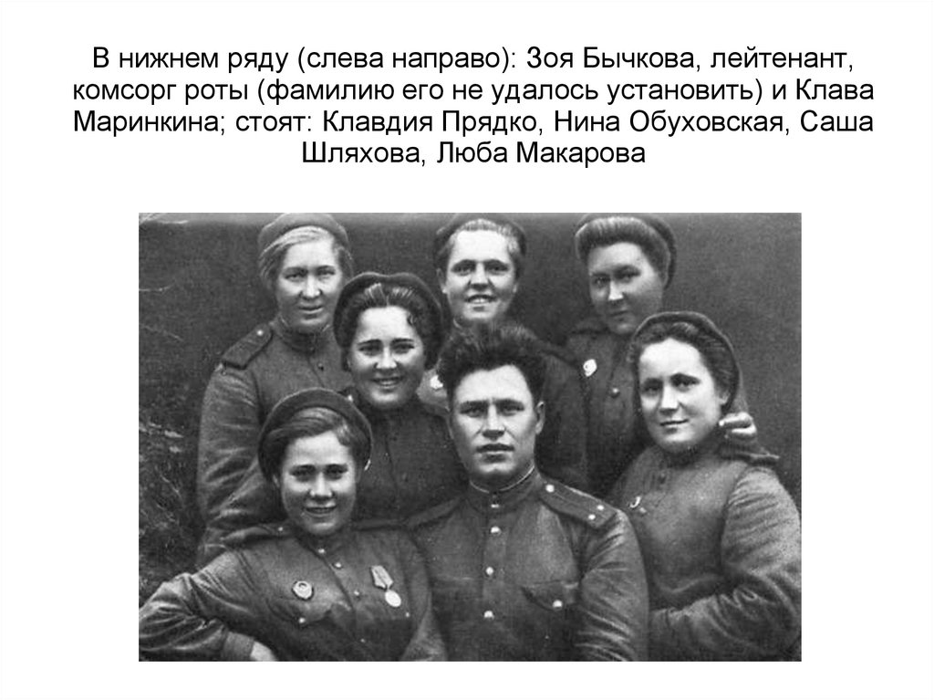 В нижнем ряду (слева направо): Зоя Бычкова, лейтенант, комсорг роты (фамилию его не удалось установить) и Клава Маринкина;