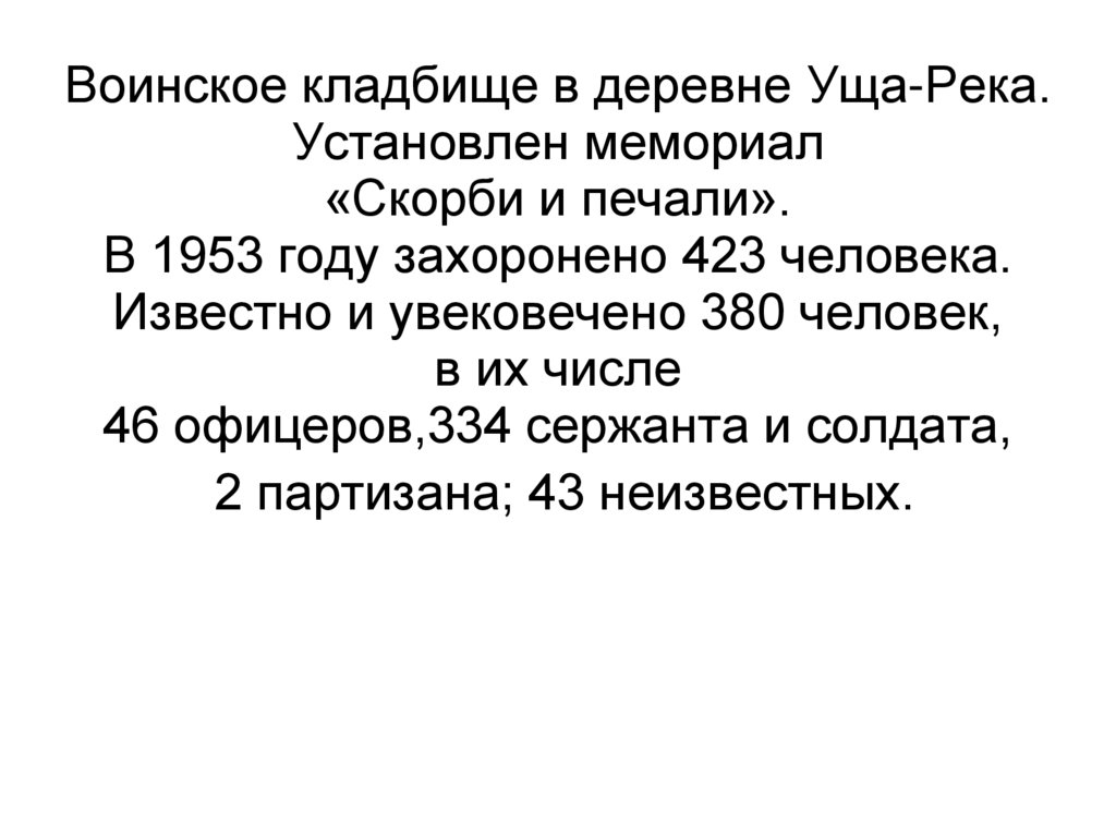 Воинское кладбище в деревне Уща-Река. Установлен мемориал «Скорби и печали». В 1953 году захоронено 423 человека. Известно и