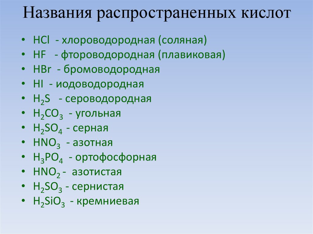 9 формула кислотного. Названия кислот. Названия химических кислот. Химические формулы кислот. Кислоты классификация номенклатура.
