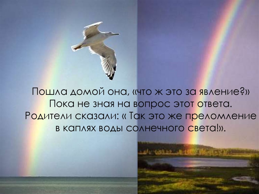 Пошла домой она, «что ж это за явление?» Пока не зная на вопрос этот ответа. Родители сказали: « Так это же преломление в