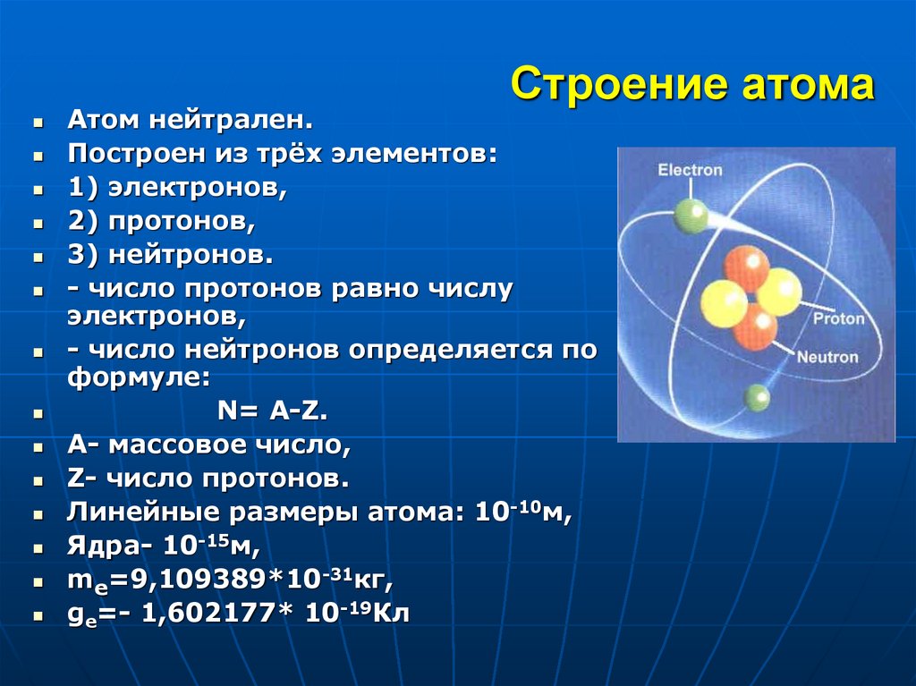 Число протонов в ядре атома химического элемента. Строение атома физика. Структура атома.