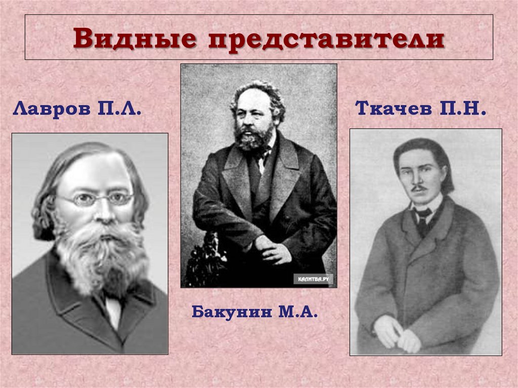 Видные представители. Бакунин, Чернышевский. Бакунин Лавров Ткачев. Герцен Огарев Чернышевский Бакунин. П.Л. Лавров, п.н. Ткачев.