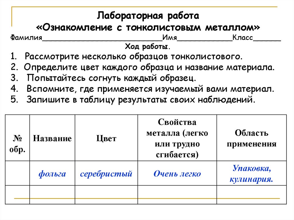 Лабораторная работа ознакомление с внешним строением. Лабораторная работа. Ознакомление с образцами тонколистового металла. Практическая работа металлы. Форма для лабораторных работ.