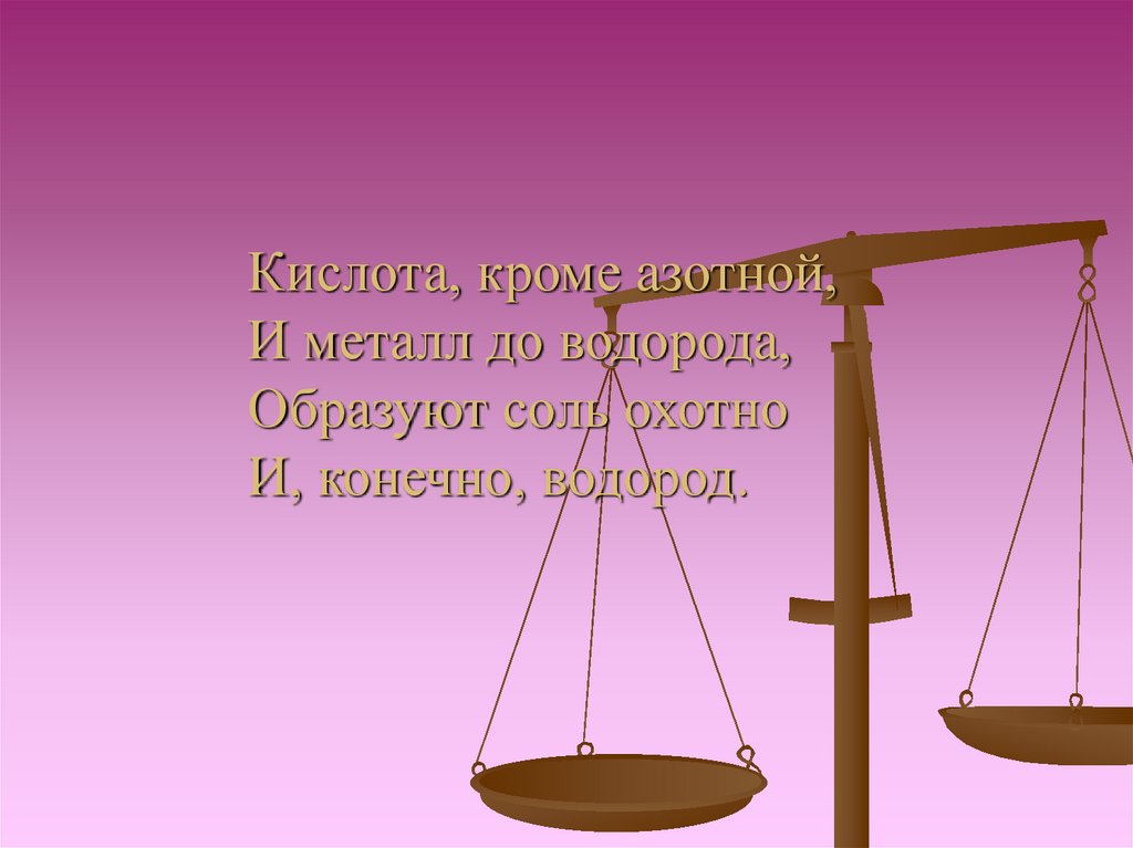 Кислота, кроме азотной, И металл до водорода, Образуют соль охотно И, конечно, водород.