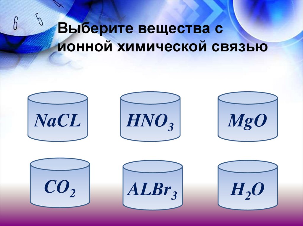 Выберите вещества с ионной химической связью