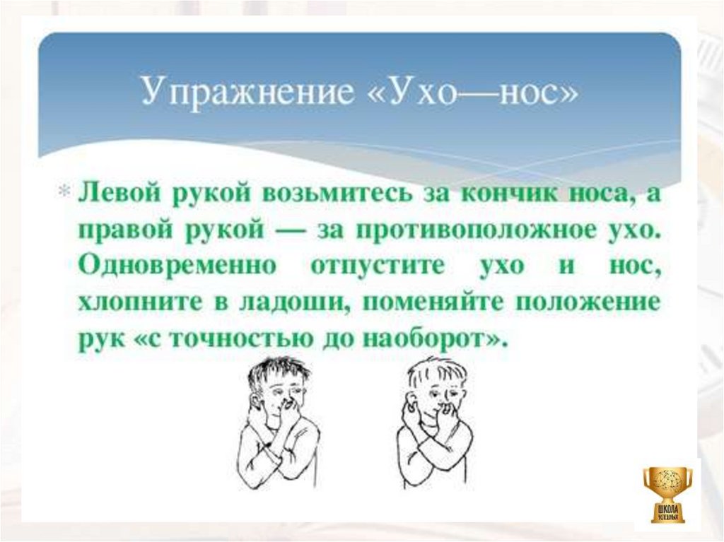 Руки плечи уши нос песня с ускорением. Ухо-нос кинезиологическое упражнение. Кинезиологические упражнения ухо нос. Физкультминутка ухо нос. Гимнастика для мозга «ухо-нос».