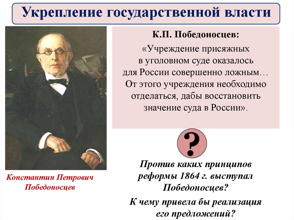 Какую должность стал занимать шариков. Победоносцев при Александре 3. Деятельность Победоносцева. К П Победоносцев реформы.