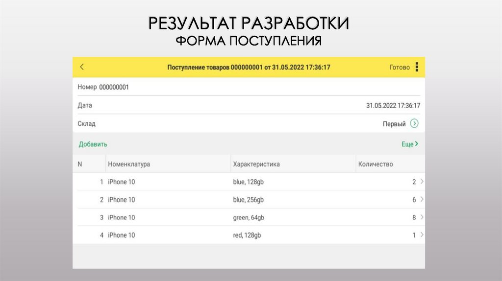 Результат разработки Форма поступления