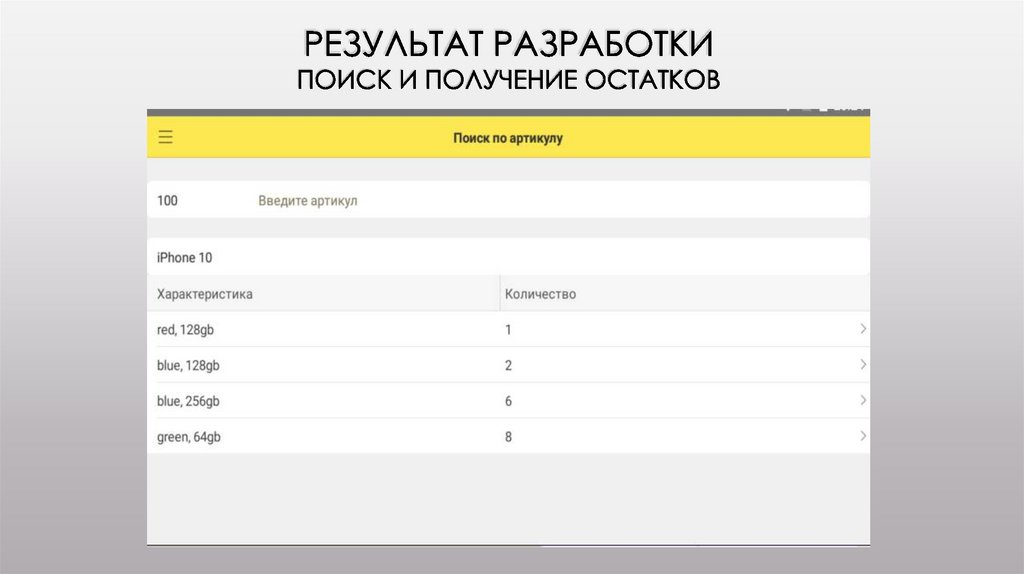 Результат разработки Поиск и получение остатков