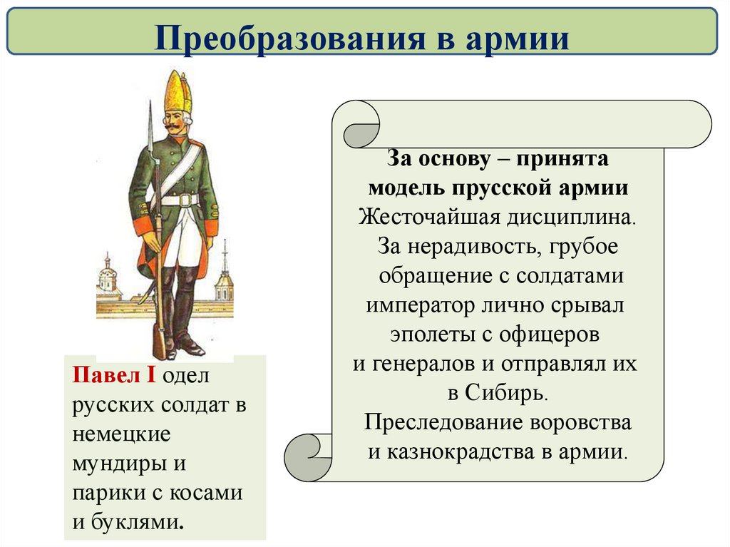 Согласно военной реформе павла 1 вводилась новая военная форма по прусскому образцу