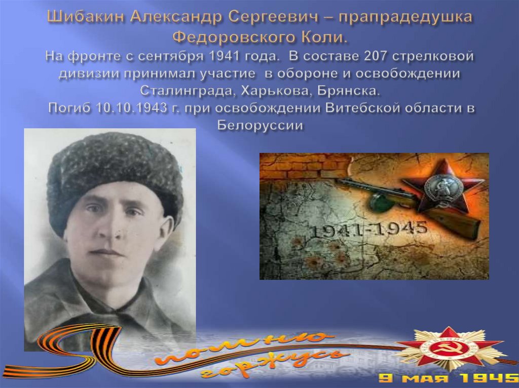 Шибакин Александр Сергеевич – прапрадедушка Федоровского Коли. На фронте с сентября 1941 года. В составе 207 стрелковой дивизии