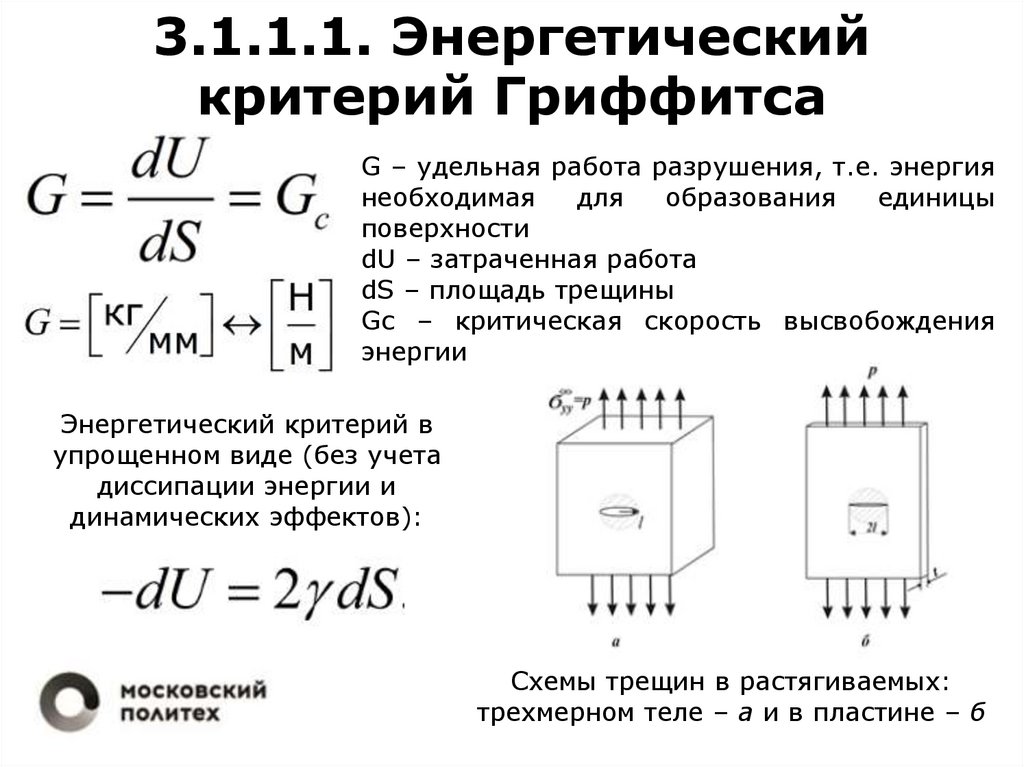 Работа удельная. Энергетический критерий Гриффитса. Уравнение Гриффитса. Критерий Гриффитса формула. Теория Гриффитса для хрупкого разрушения.