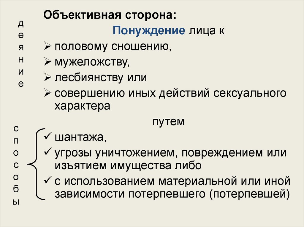 Иные действия. Объективная сторона понуждения. Объективная сторона шантажа. Объективная и субъективная сторона половой неприкосновенности. Сложный план на тему личность.