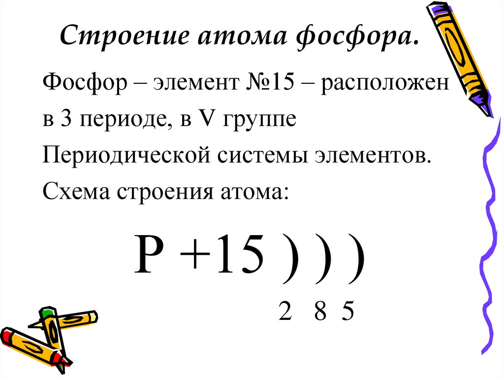 Строение атома фосфора. Схема строения атома фосфора.