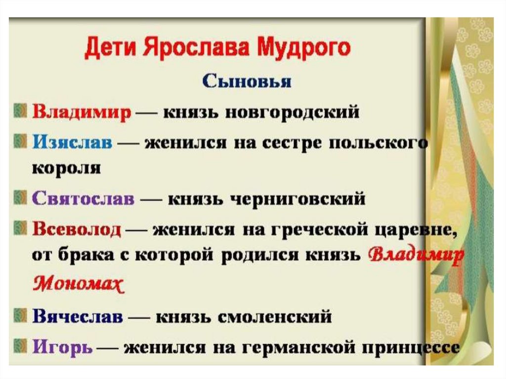 Правление сына. Сыновья Ярослава Мудрого. Сыновья Ярослава Мудрого таблица. ДЕТИЯ Ярослава Мудрого. Сколько детей было у Ярослава Мудрого.