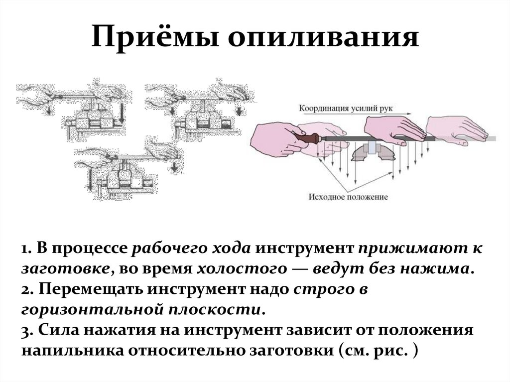 Приемы опиливания. Приемы опиливания металла. Механизация опиливания. Приемы опиливания и контроля плоскости кратко.