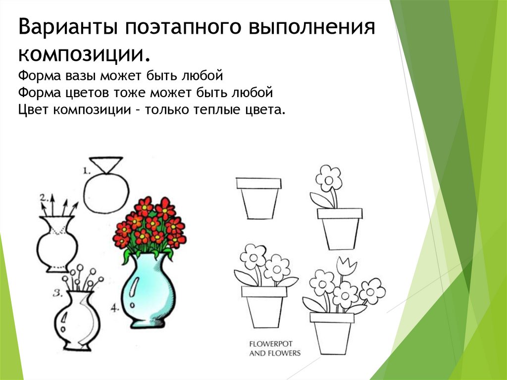 Варианты поэтапного выполнения композиции. Форма вазы может быть любой Форма цветов тоже может быть любой Цвет композиции –