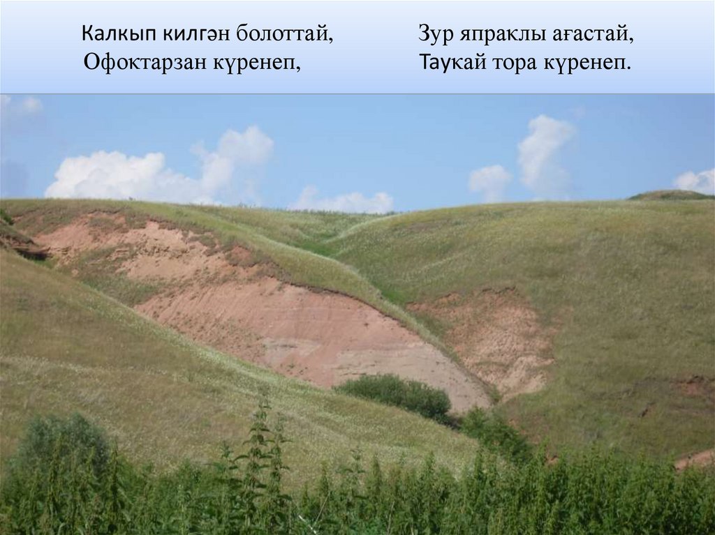 Калкып килгән болоттай, Зур япраκлы ағастай, Офоκтарзан күренеп, Тауκай тора күренеп.