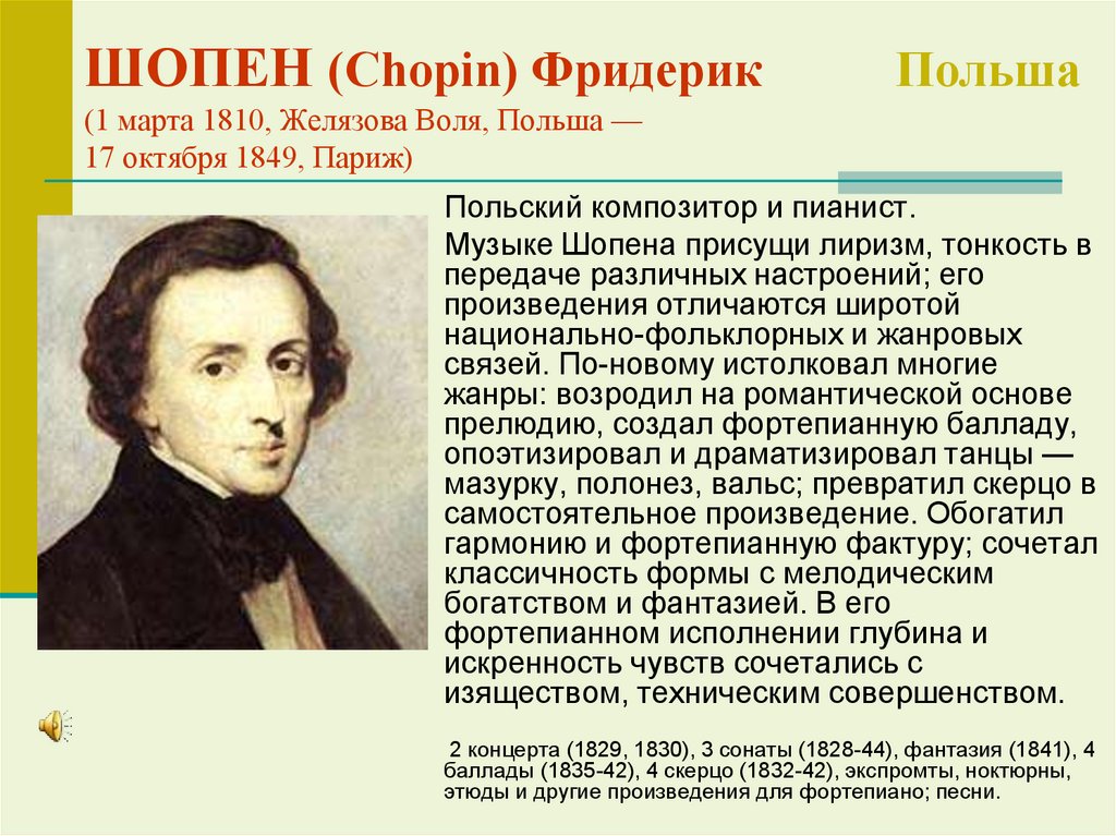 ШОПЕН (Chopin) Фридерик Польша (1 марта 1810, Желязова Воля, Польша — 17 октября 1849, Париж)