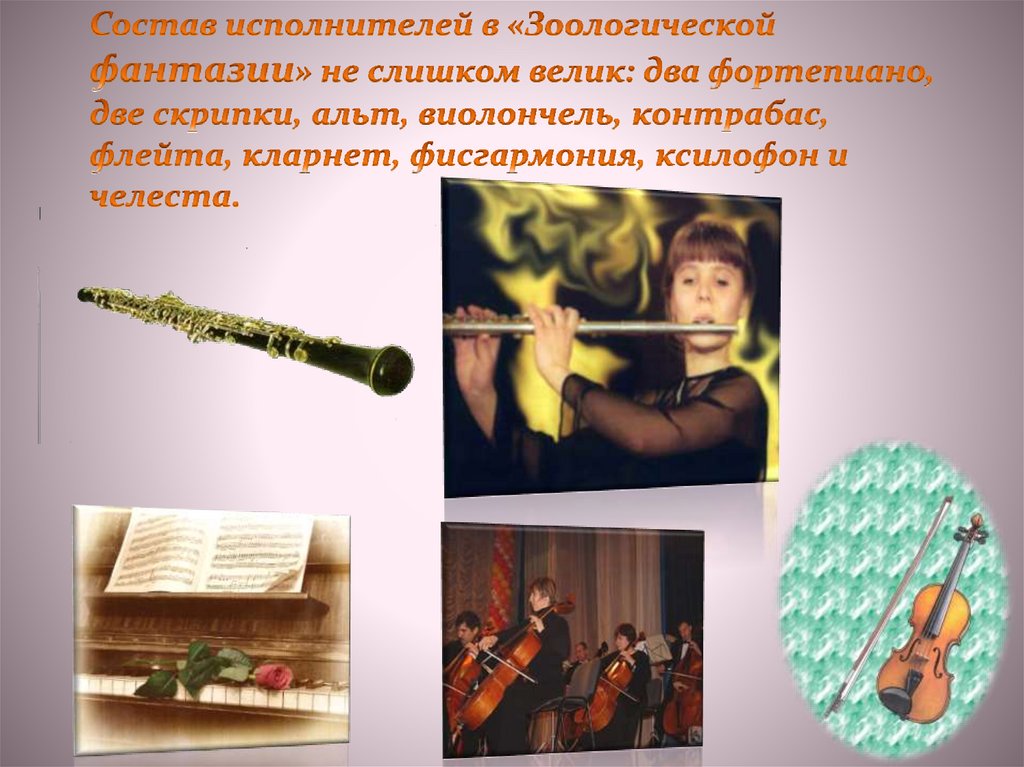 Состав исполнителей в «Зоологической фантазии» не слишком велик: два фортепиано, две скрипки, альт, виолончель, контрабас,