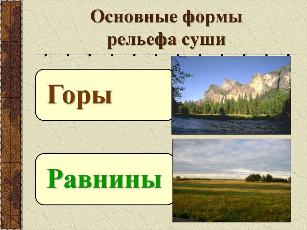 Практическая работа рельеф своего края. Основные формы рельефа горы и равнины. Основные формы рельефа суши. Основные формы рельефа суши горы и равнины. ОСНОВНЫЕФОРМЫ рельфева.