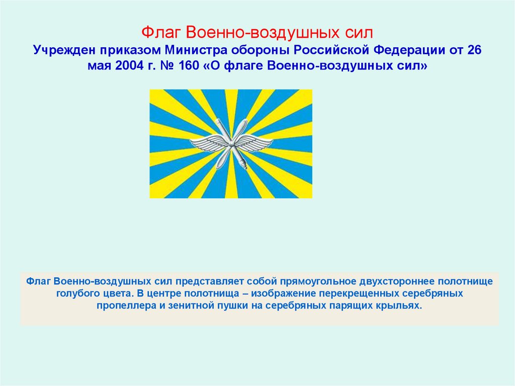 Флаг Военно-воздушных сил Учрежден приказом Министра обороны Российской Федерации от 26 мая 2004 г. № 160 «О флаге
