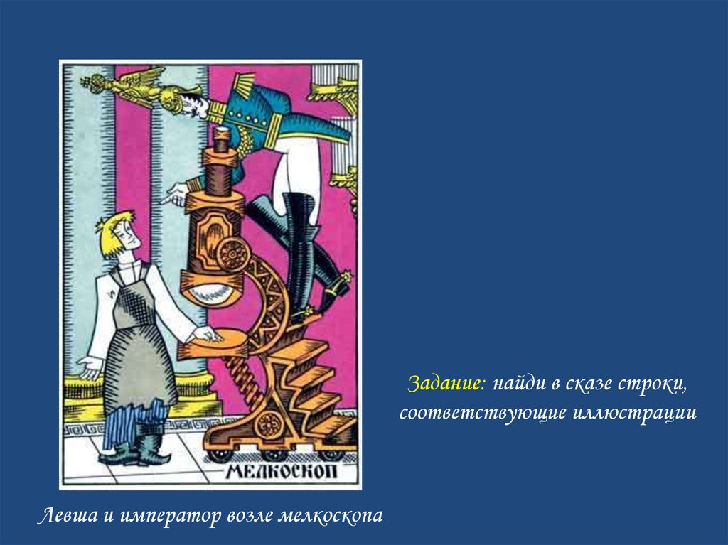 Семенович левши. Мелкоскоп Левша. Левша и Император возле мелкоскопа. Левша второстепенные герои. Найди в сказке строки соответствующие иллюстрации из сказа Левша.