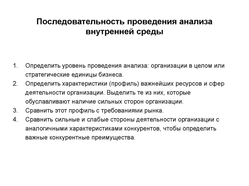 Порядок проведения исследования. Алгоритм стратегического анализа внутренней среды. Последовательность внутреннего анализа организации. Последовательность проведения анализа внутренней среды. Методика проведения анализа.